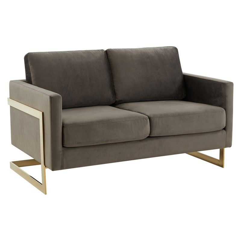 LeisureMod Lincoln Modern Mid-Century Upholstered Velvet Loveseat with Gold Frame Dark Grey