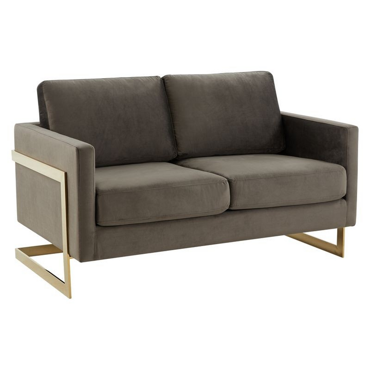 LeisureMod Lincoln Modern Mid-Century Upholstered Velvet Loveseat with Gold Frame Dark Grey