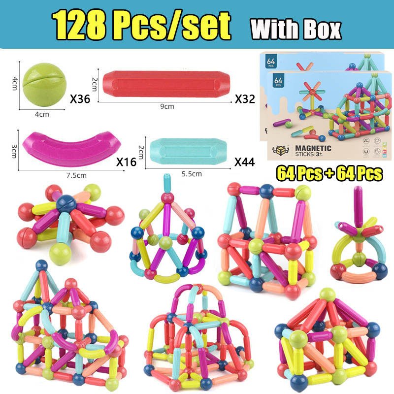 Colorful magnetic building sticks set with box, showing pieces and assembled models.