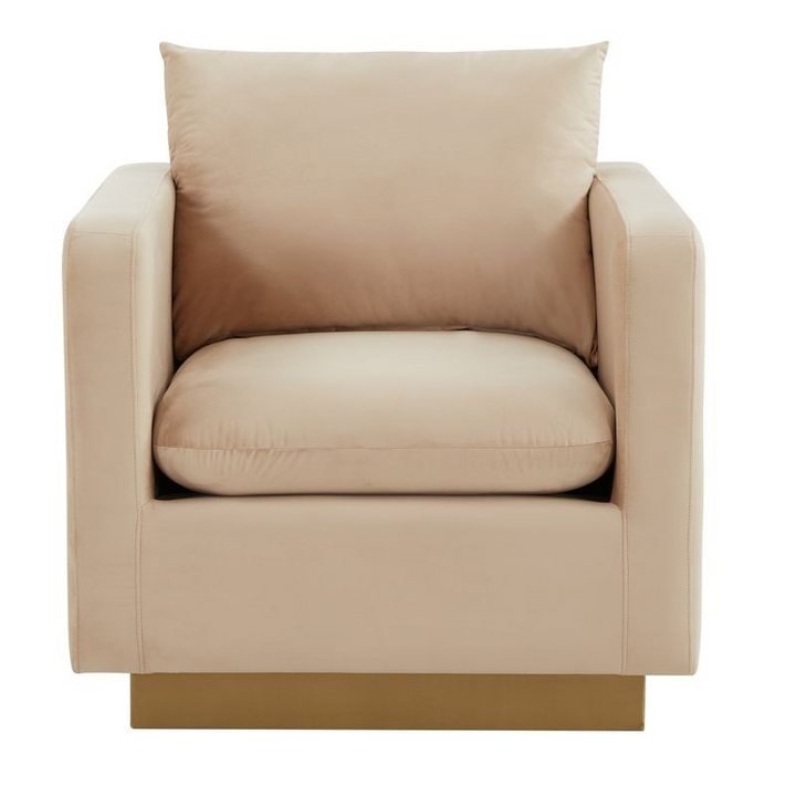 LeisureMod Nervo Velvet Accent Armchair with Gold Frame Beige Front View.