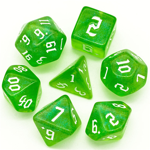 Deep Green Glitter Party Dice (White font) 7-Dice Set RPG DND