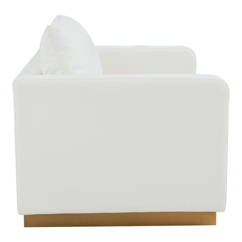 LeisureMod Nervo Modern Mid-Century Upholstered Faux Leather Loveseat with Gold Frame White Side View.
