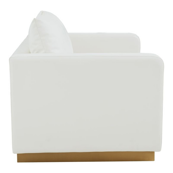 LeisureMod Nervo Modern Mid-Century Upholstered Faux Leather Loveseat with Gold Frame White Side View.