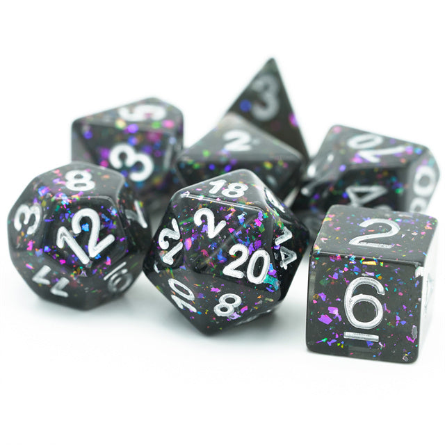 Black Cloud Brocade Powder 7-Dice Dnd Dice | Glitter w/Silver Numbers Set