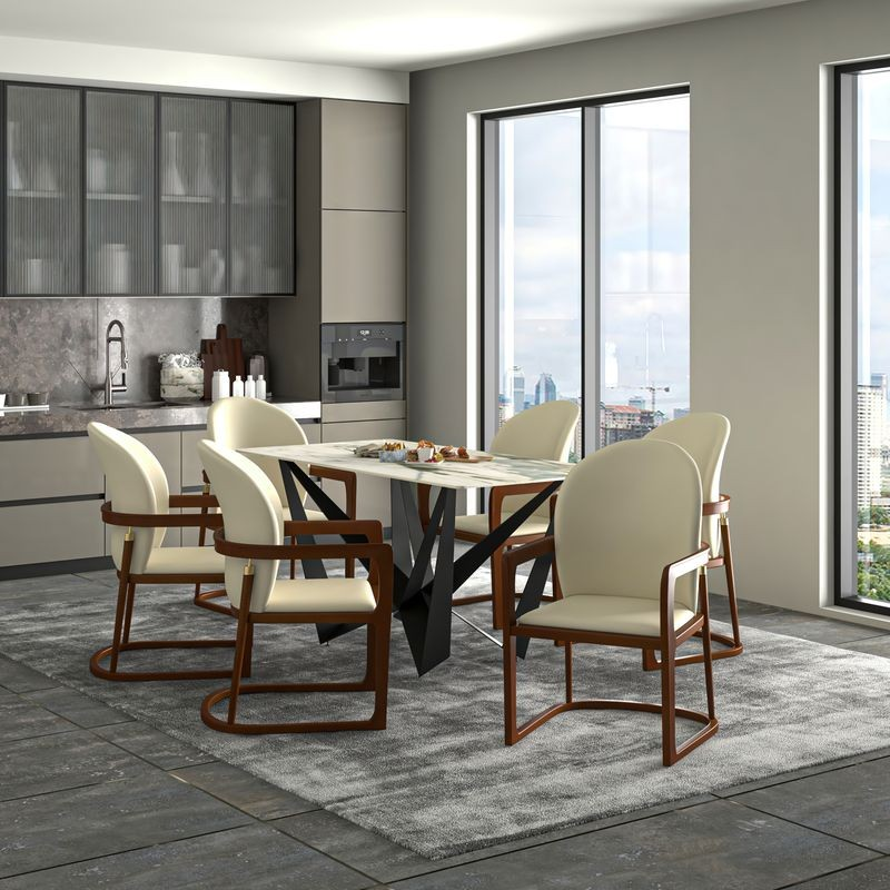 LeisureMod Svelta Elegant Wooden Dining Chair in Cream at Table.