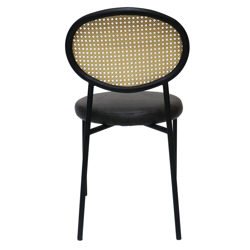 LeisureMod Euston Modern Wicker Dining Chair with Black Frame and Leather Seat in Charcoal Back View.