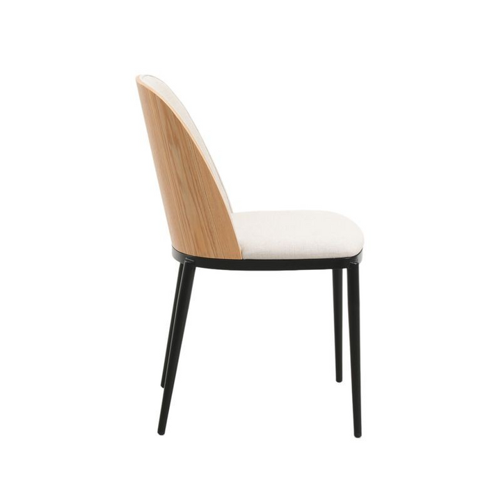 LeisureMod Tule Mid-Century Modern Dining Side Chair with Velvet Seat and Powder-Coated Steel Frame Natural Wood/Beige Side View.