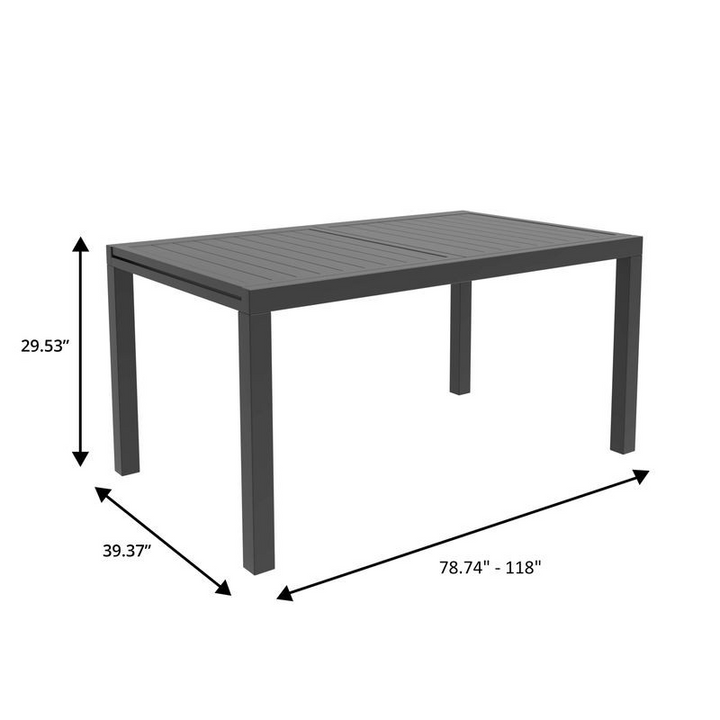 LeisureMod Marlin Extendable outdoor Dining Table 78-118 in Black Dimensions.