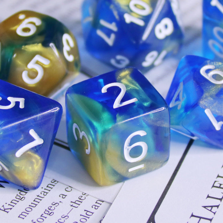 Starry Night Glitter Blue with White Numbering 7-Dice Set RPG