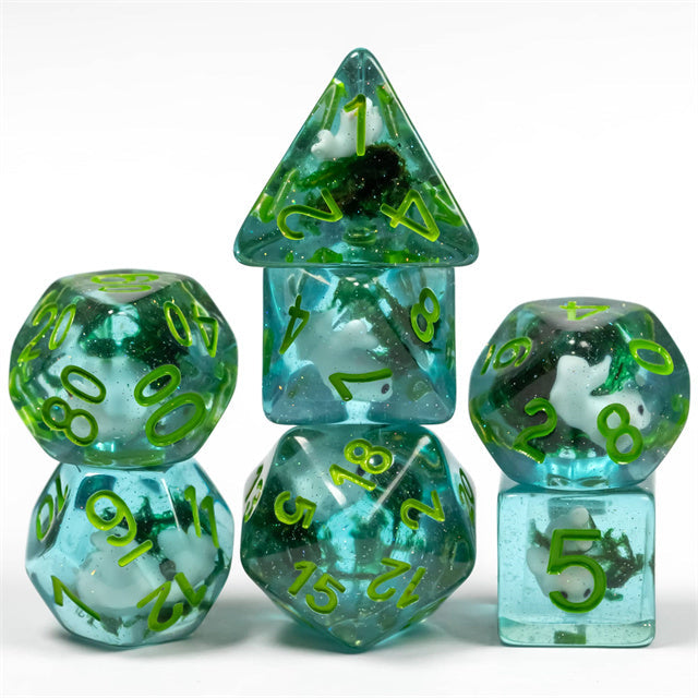 White Fish Seaweed 7-Dice Set w/Green Numbers Dnd Dice Set