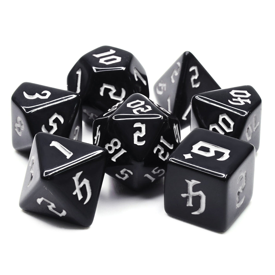 Economy Black Dice (White font) 7-Dice Set RPG DND