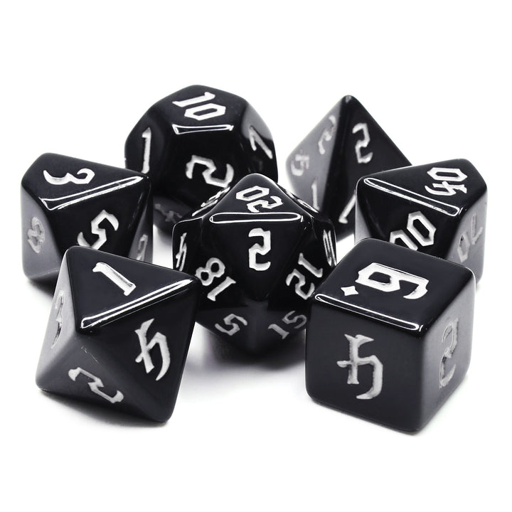 Economy Black Dice (White font) 7-Dice Set RPG DND