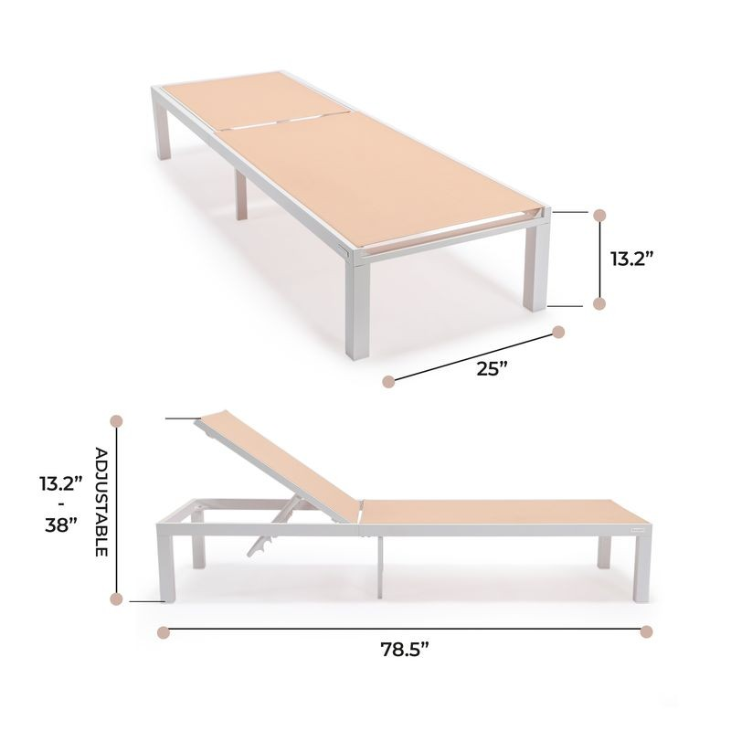 LeisureMod Marlin Patio Chaise Lounge Chair with White Aluminum Frame Light Brown Dimensions.