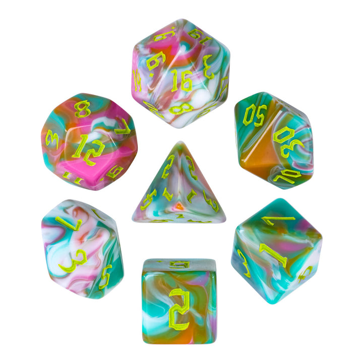 Teal Sky 7-Dice Set Pastel Green Pink w/Green Numbers Dnd Dice Set