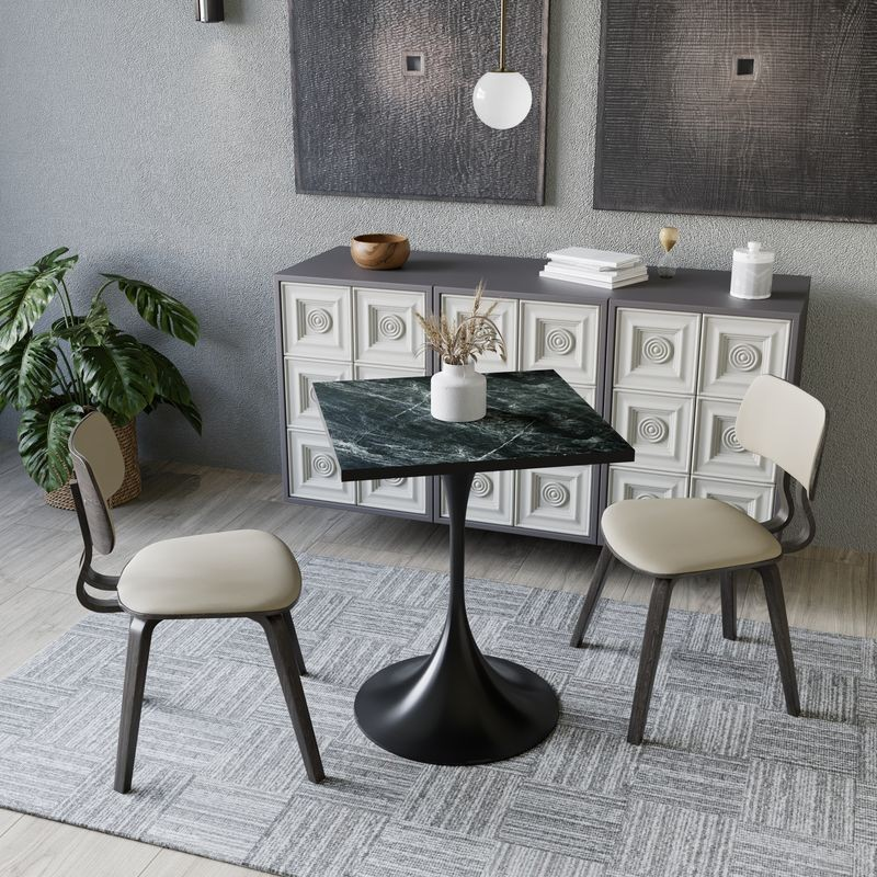 LeisureMod Verve Collection 24 Square Dining Table, Black Base with Black MDF Top with Chairs.