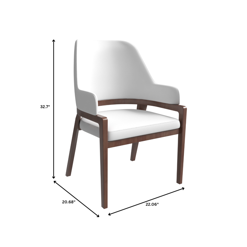 White chair with wooden frame and dimensions displayed.