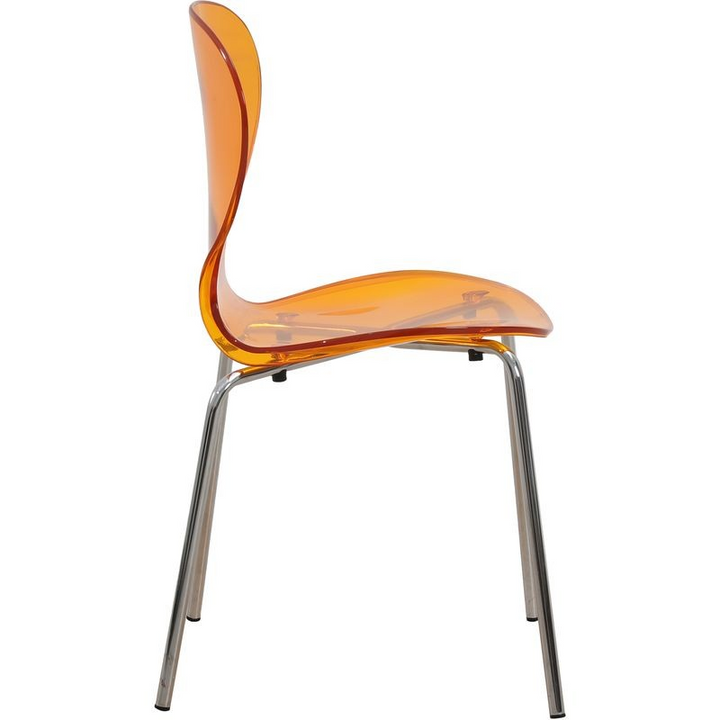 LeisureMod 5-Piece Dining Set Round White MDF Dining Table and 4 Plastic Dining Chairs with Chrome Legs Transparent Orange Chair Side View.