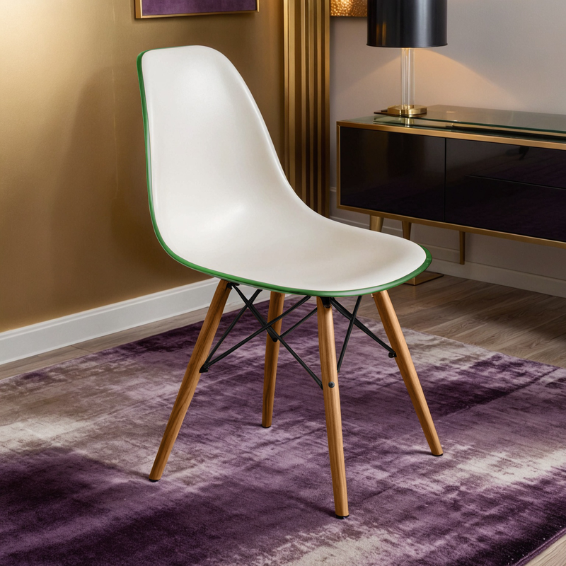 LeisureMod Dover Plastic Molded Dining Side Chair in White Green with Background.