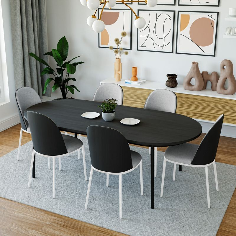 LeisureMod Tule 7-Piece Dining Set in White Steel Frame with 6 Upholstered Seat Dining Chairs and 71" Oval Dining Table with MDF Tabletop in Black/Platinum Blue in Dining Room.