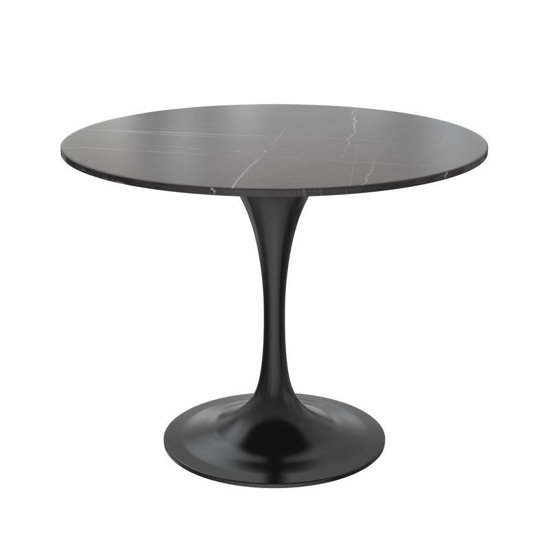 LeisureMod 5-Piece Dining Set with 36" Round Dining Table Black Sintered Stone Top and Black Pedestal with 4 Velvet Dining Chairs in Black Steel Legs in Grey Table.