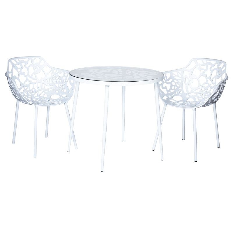 LeisureMod Devon Tree Design Glass Top Aluminum Base Indoor Outdoor Bistro Dining Table White with Chairs.