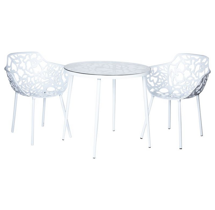LeisureMod Devon Tree Design Glass Top Aluminum Base Indoor Outdoor Bistro Dining Table White with Chairs.