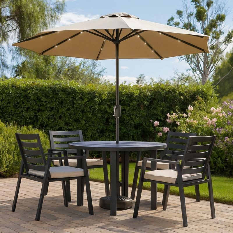 LeisureMod Chelsea 60″ Round Outdoor Aluminum Dining Table for Patio Black with Umbrella.
