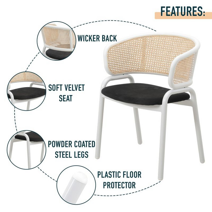 Chair with wicker back and soft velvet seat, featuring powder-coated steel legs and plastic floor protector.