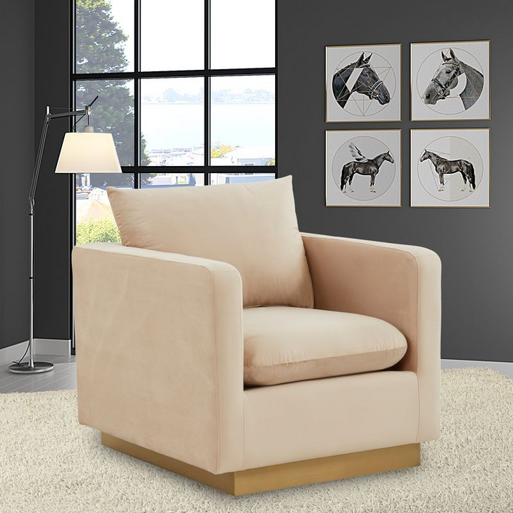 LeisureMod Nervo Velvet Accent Armchair with Gold Frame Beige with Background