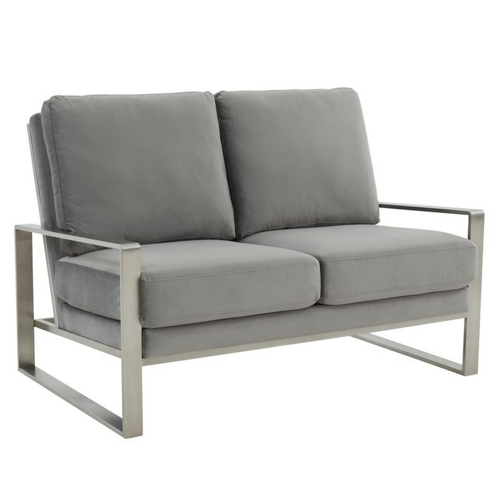Leisuremod Jefferson Contemporary Modern Velvet Loveseat with Silver Frame Light Grey