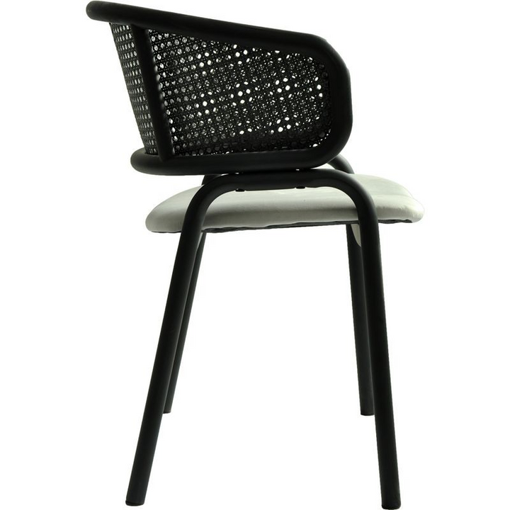 LeisureMod Ervilla Dining Armchair in Black Steel Frame with Black Wicker Back and Grey Seat Side View.