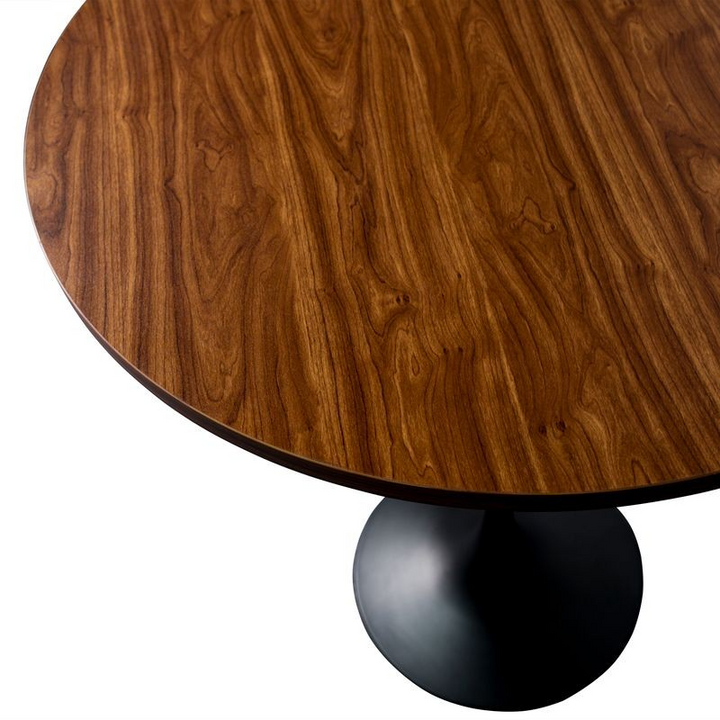LeisureMod Verve Collection Modern Bar Height Table Black Base with 27" Round Cognac Brown MDF Top Closeup.