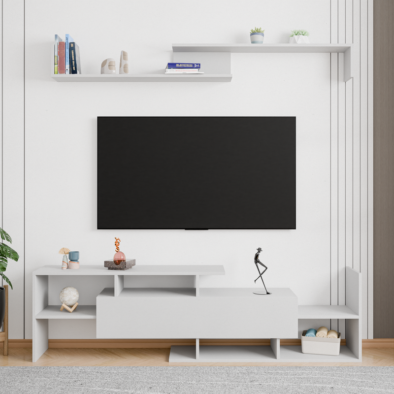 LeisureMod Surrey Modern TV Stand with MDF Shelves and Bookcase in White Front View.