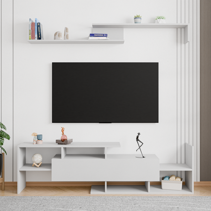 LeisureMod Surrey Modern TV Stand with MDF Shelves and Bookcase in White Front View.