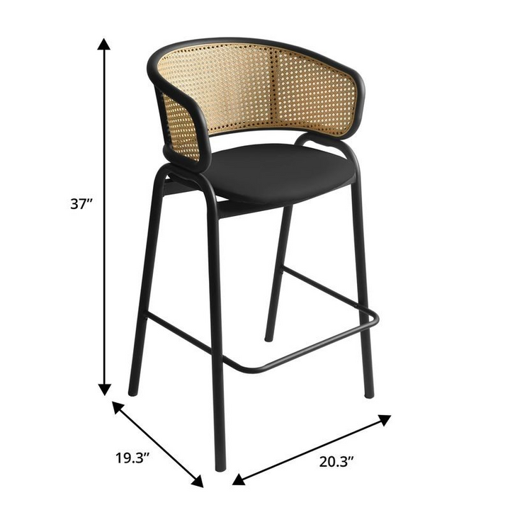 Bar stool with black frame and woven backrest, dimensions indicated on a white background.