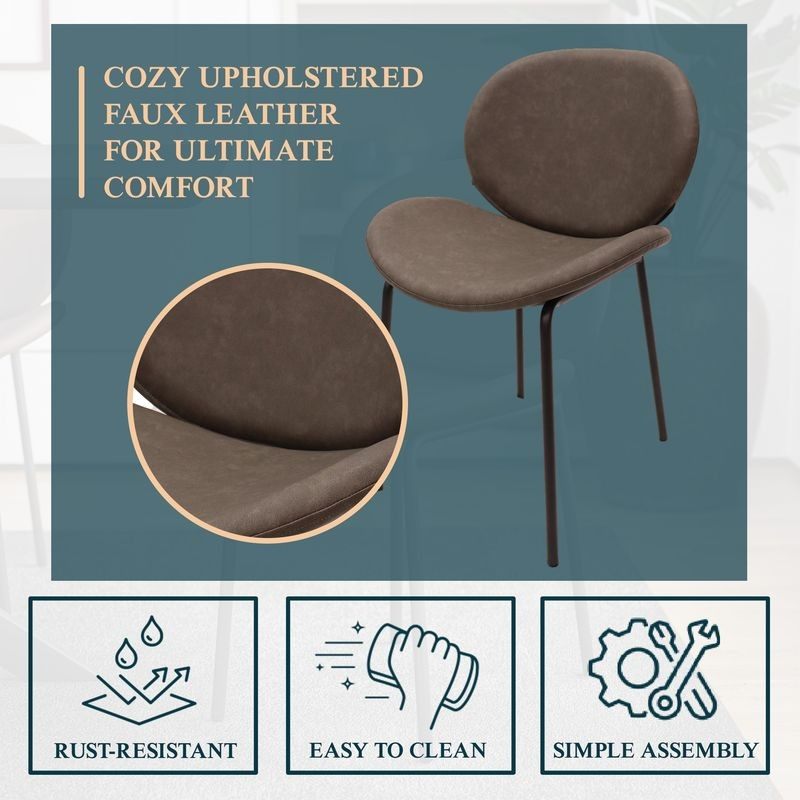 Brown upholstered chair with faux leather details, labeled for comfort and features.
