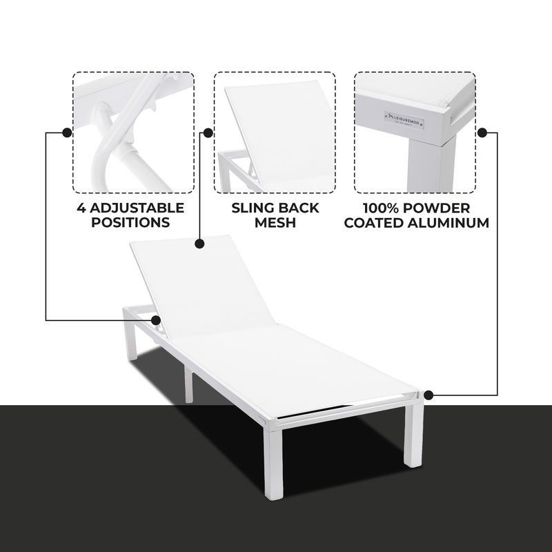 LeisureMod Marlin Patio Chaise Lounge Chair with White Aluminum Frame White Details.