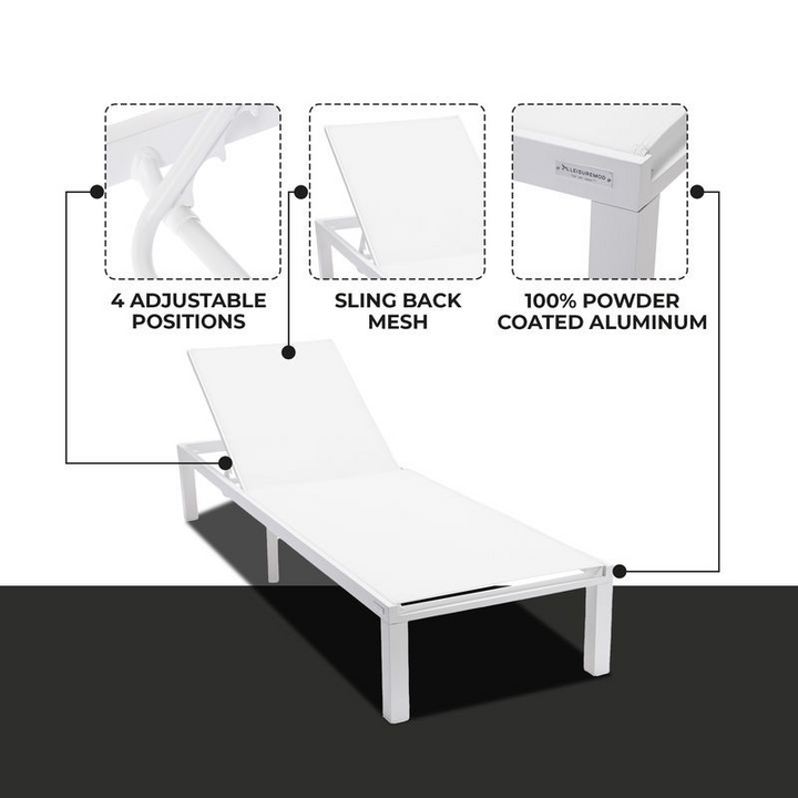 LeisureMod Marlin Patio Chaise Lounge Chair with White Aluminum Frame White Details.