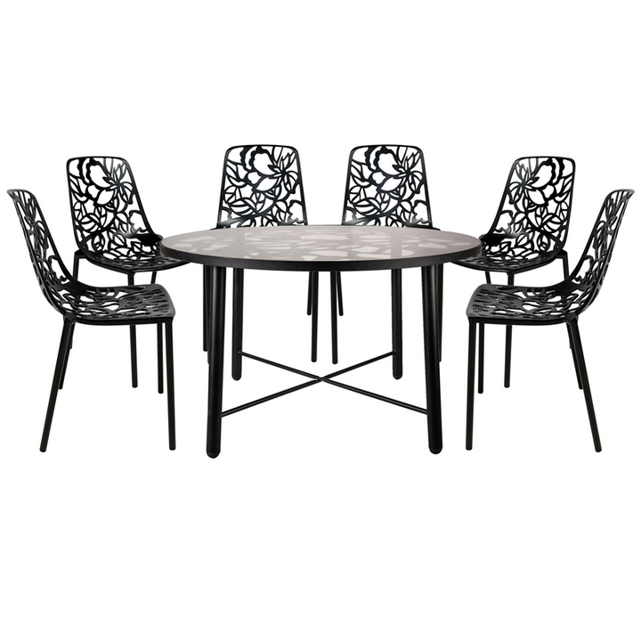 LeisureMod Devon Mid-Century Modern 7-Piece Aluminum Outdoor Patio Dining Set with Tempered Glass Top Table and 6 Stackable Flower Design Chairs Black