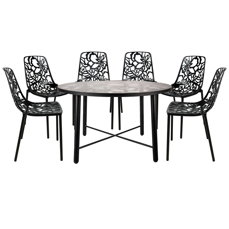 LeisureMod Devon Mid-Century Modern 7-Piece Aluminum Outdoor Patio Dining Set with Tempered Glass Top Table and 6 Stackable Flower Design Chairs Black