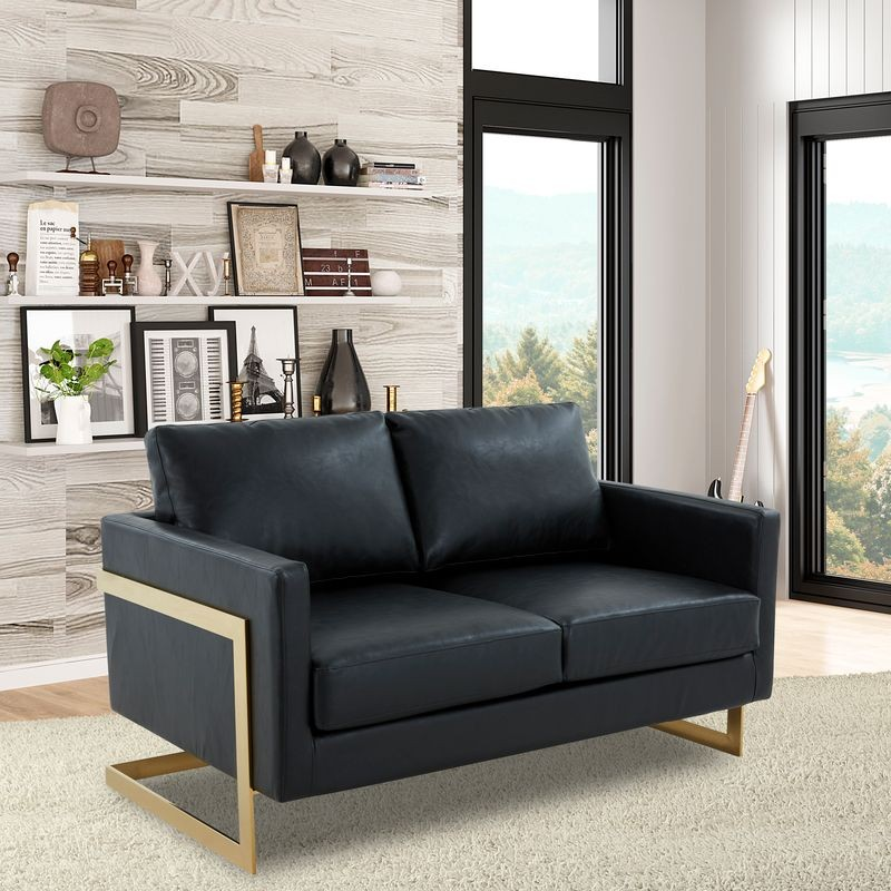 LeisureMod Lincoln Modern Mid-Century Upholstered PU Leather Loveseat with Gold Frame Black with Background.