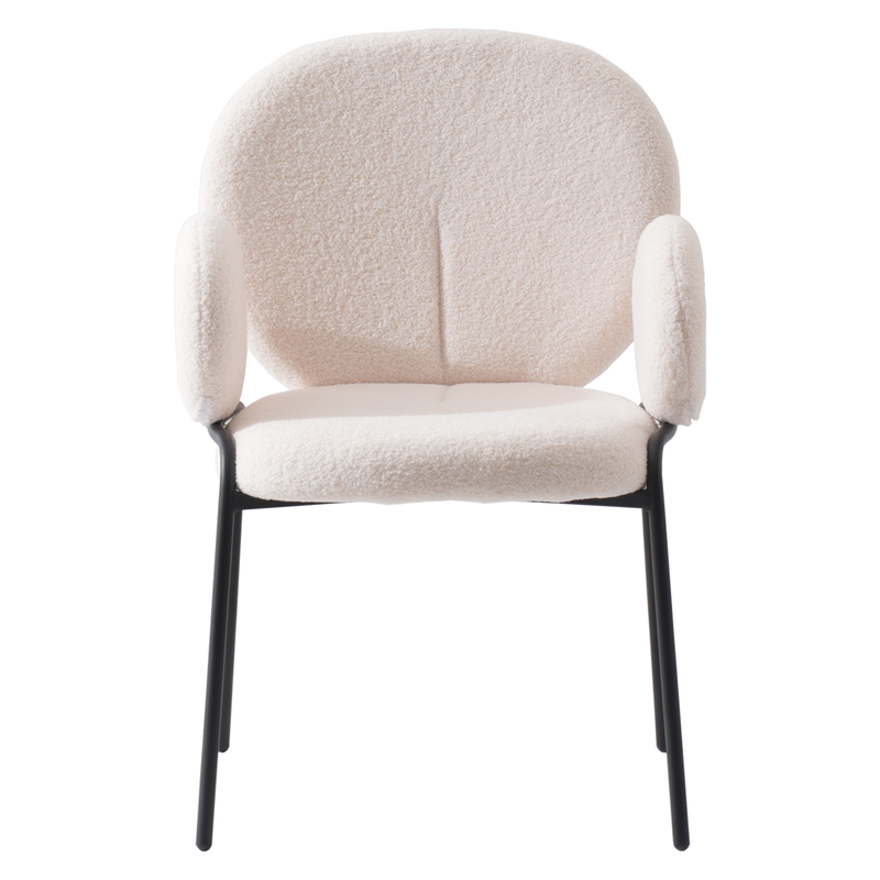 Leisuremod Celestial Series Boucle Dining Armchair with Black Frame and White Fabric Front View.