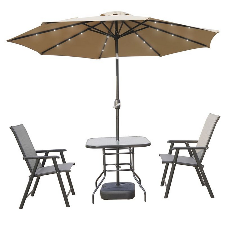 LeisureMod Sierra Outdoor Patio Umbrella with Base in Beige Photo.