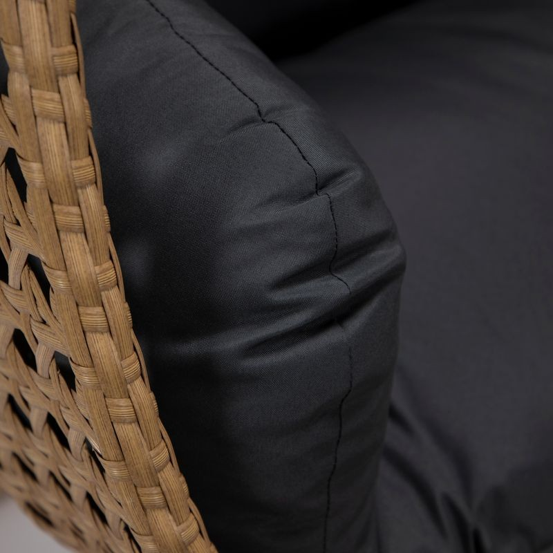 LeisureMod Mendoza Light Brown Wicker Hanging 2 person Egg Swing Chair Dark Grey Closeup.