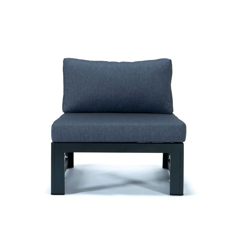 LeisureMod Chelsea 5-Piece Middle Patio Chairs and Coffee Table Set Black Aluminum with Cushions Blue Front of Chair.