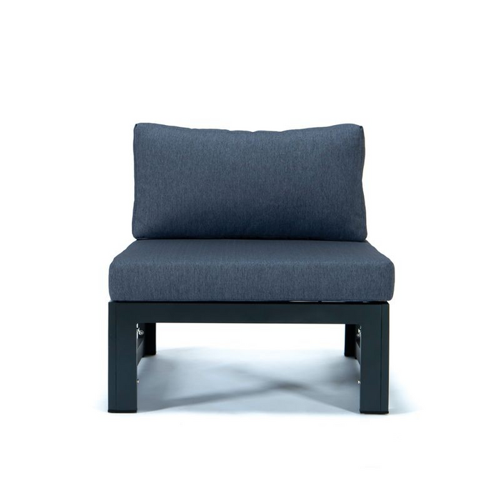 LeisureMod Chelsea 5-Piece Middle Patio Chairs and Coffee Table Set Black Aluminum with Cushions Blue Front of Chair.