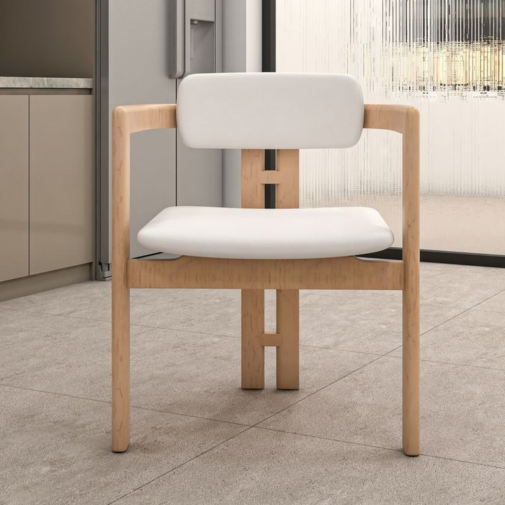 LeisureMod Velo Series Modern Dining Chair in Natural Wood with White Seat Front View.