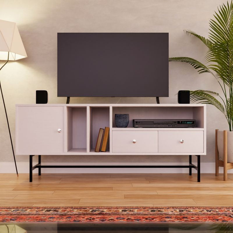 LeisureMod Rochester Modern Rectangular TV Stand with Enclosed Storage and Powder Coated Iron Legs White Front View.