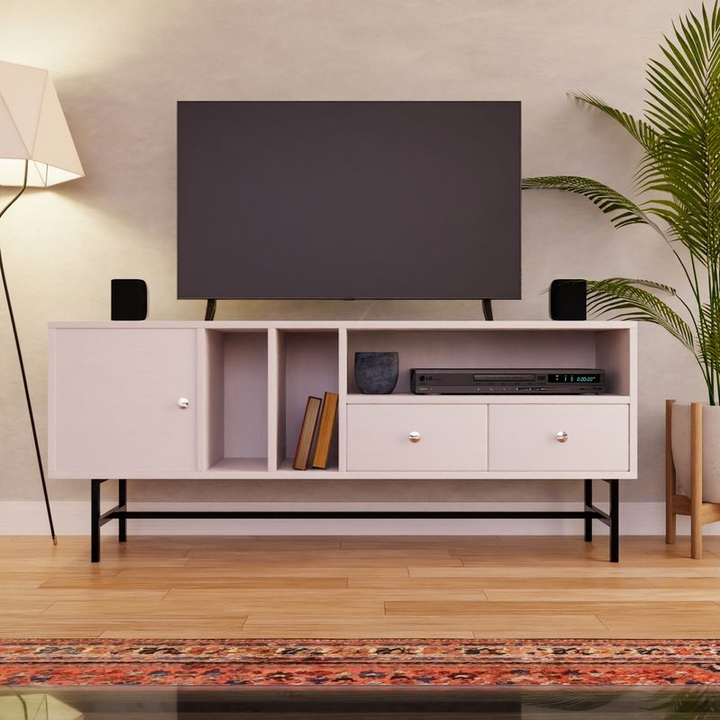 LeisureMod Rochester Modern Rectangular TV Stand with Enclosed Storage and Powder Coated Iron Legs White Front View.