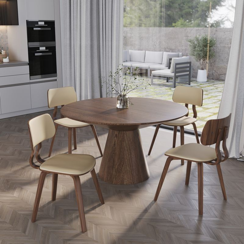 Modern Wooden Dining Chair with Walnut Color Frame in Cream in the Clivo Collection at Table.